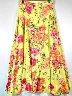 Lucky & Coco Yellow Pink Floral Flowing Chiffon Flared Hem Maxi Skirt Fairycore